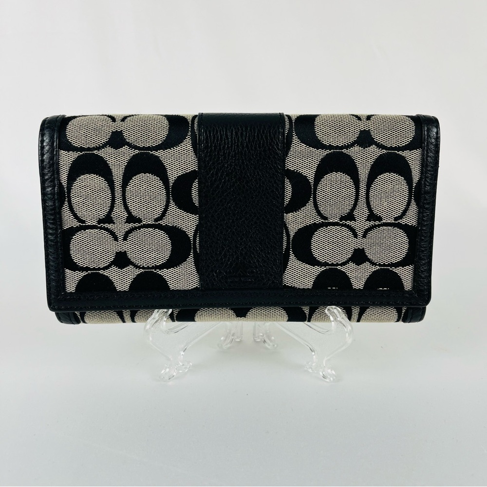 Coach Jacquard Signature C Fabric Wallet with Leather Trim Black Gray Full Size